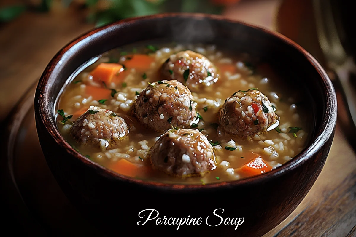 A bowl of porcupine soup with rice-studded meatballs, garnished with fresh parsley, served on a rustic wooden table with warm, cozy lighting.