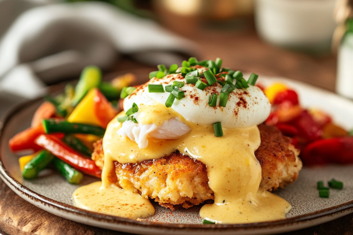 Crab Cake Eggs Benedict served on a rustic plate with golden crab cakes, poached eggs, and creamy hollandaise sauce, garnished with fresh chives and paprika.