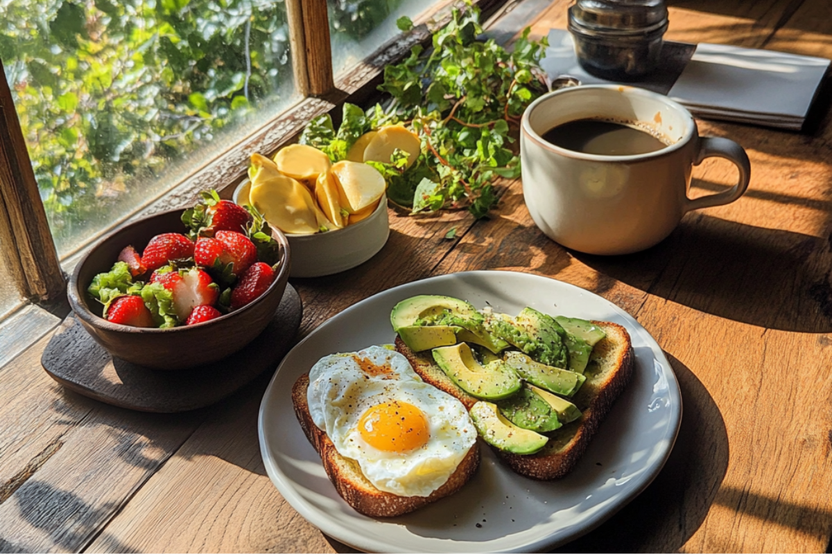 A beautifully plated healthy breakfast with avocado toast, poached eggs, mixed fruit, and coffee on a wooden table, highlighting the importance of eating breakfast.