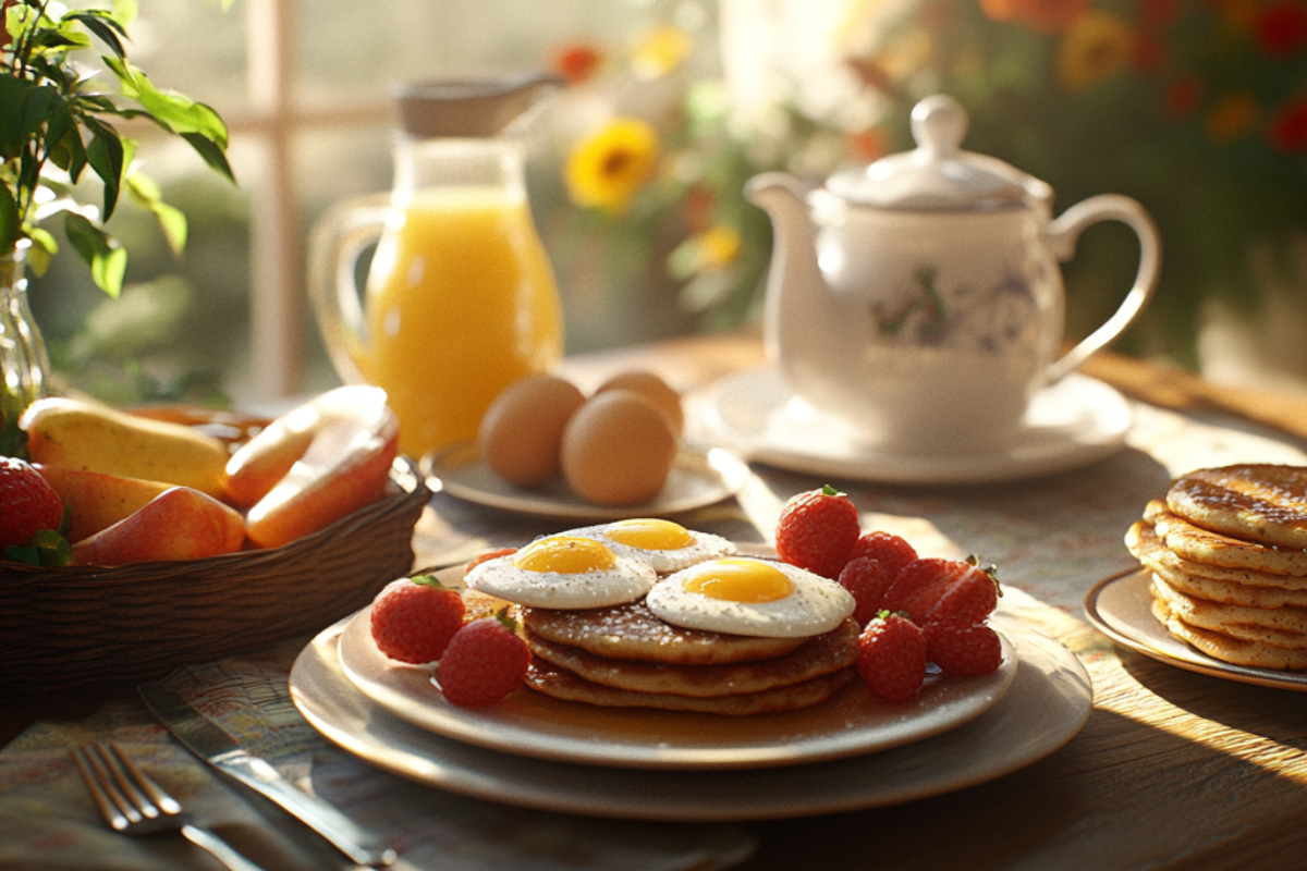 A beautifully arranged breakfast plate with scrambled eggs, avocado toast, Greek yogurt topped with berries, and orange juice – the best choice for breakfast.