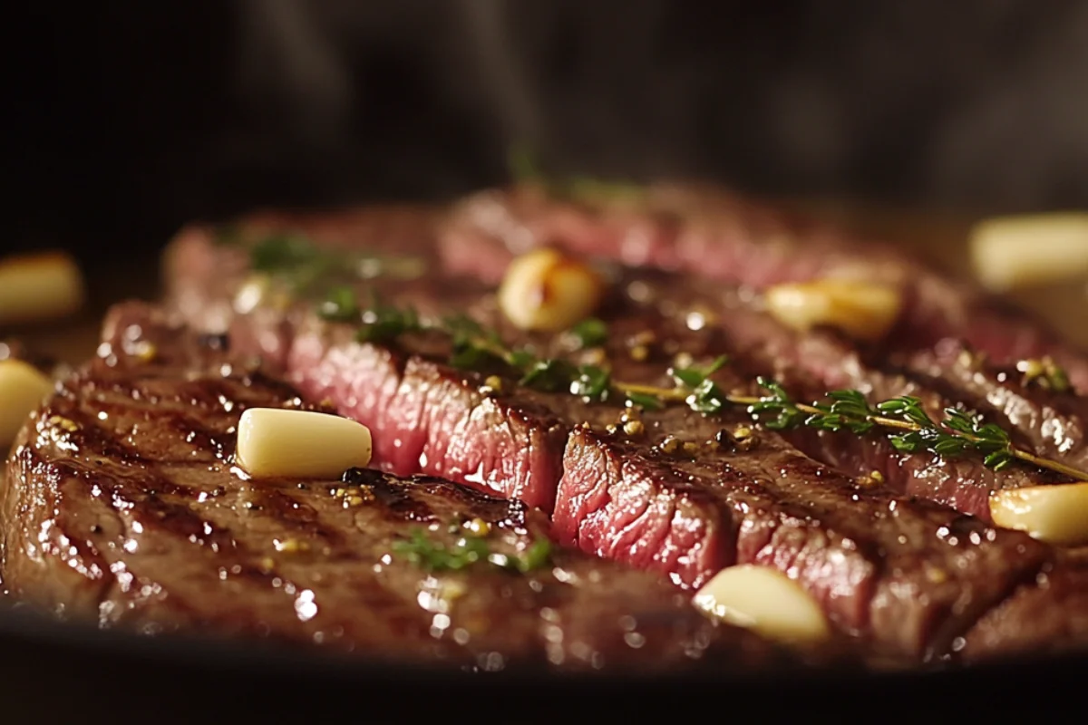 A raw Beef Loin Flat Iron Steak on a wooden cutting board with visible marbling, surrounded by simple seasoning ingredients like salt, pepper, and rosemary.