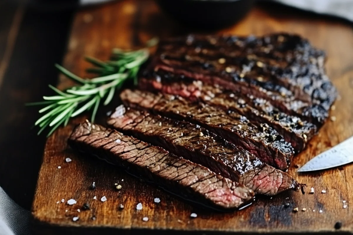 Sliced flat iron steak on a wooden cutting board garnished with fresh rosemary and coarse sea salt.