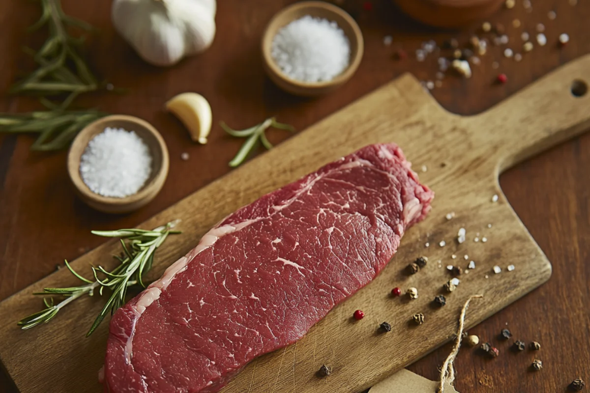 Raw flat iron steak on a wooden cutting board with sprigs of rosemary, garlic cloves, coarse salt, and peppercorns in a rustic kitchen setting.