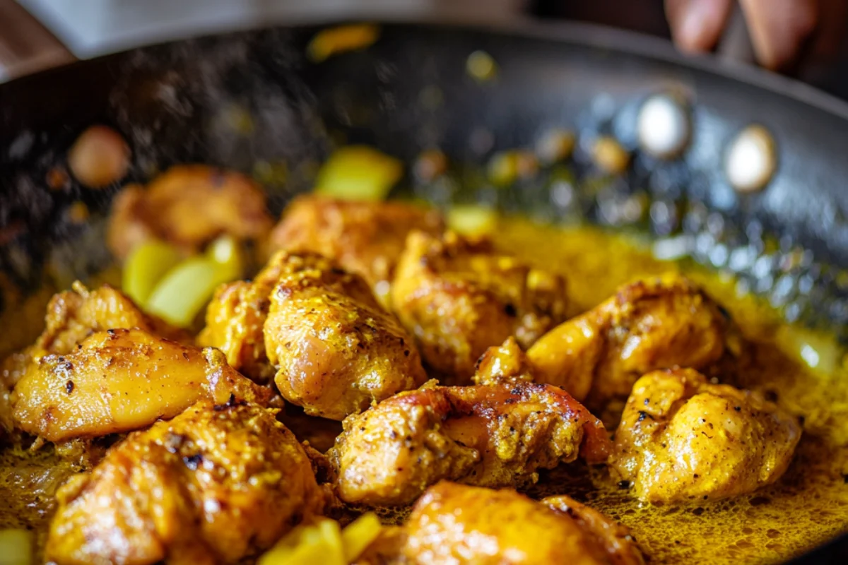 Churu Chicken Amarillo cooking in a pan with golden sauce and tender chicken pieces, showcasing Peruvian flavors.