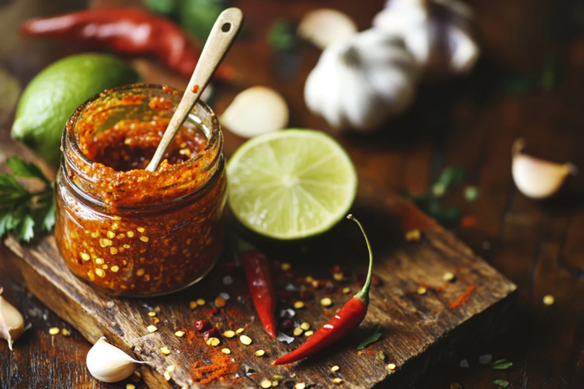 Jar of Amarillo chili paste with fresh red chilies, lime, garlic, and spices on a rustic wooden table.