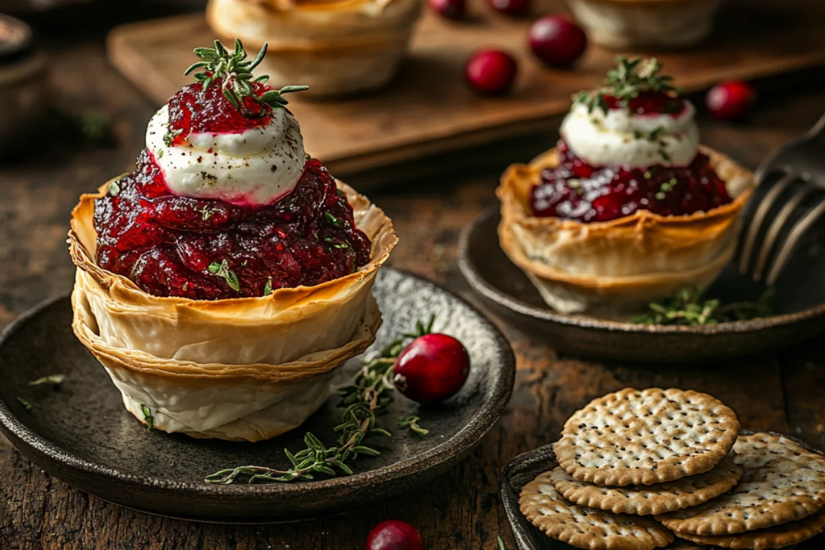 Close-up of cranberry goat cheese phyllo cups garnished with herbs