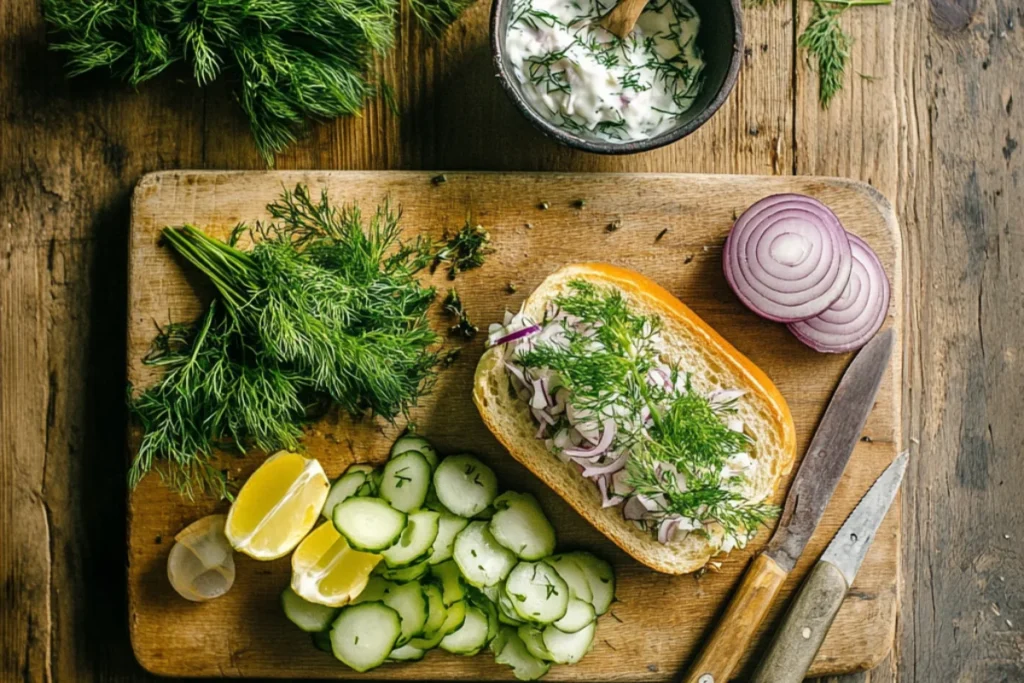 Close-up of a half-assembled matjesbrötchen recipe, layering Matjes fish fillets, onions, and pickles