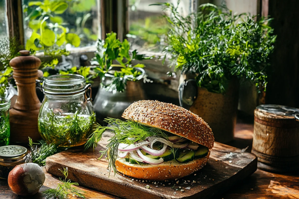 Overhead shot of a German pickled herring sandwich (matjesbrötchen recipe) with fresh dill, onions, and pickles | Featured shot showcasing crisp bread, salty herring, and tangy toppings for an authentic, traditional herring roll | A vibrant display of the matjesbrötchen recipe, highlighting its fresh sea flavor, savory onions, and delightful seasonings