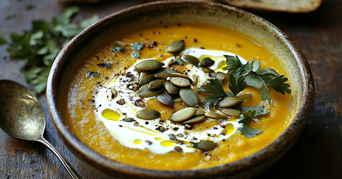 A bowl of creamy butternut squash soup garnished with pumpkin seeds, parsley, and a swirl of cream, served on a rustic wooden table.