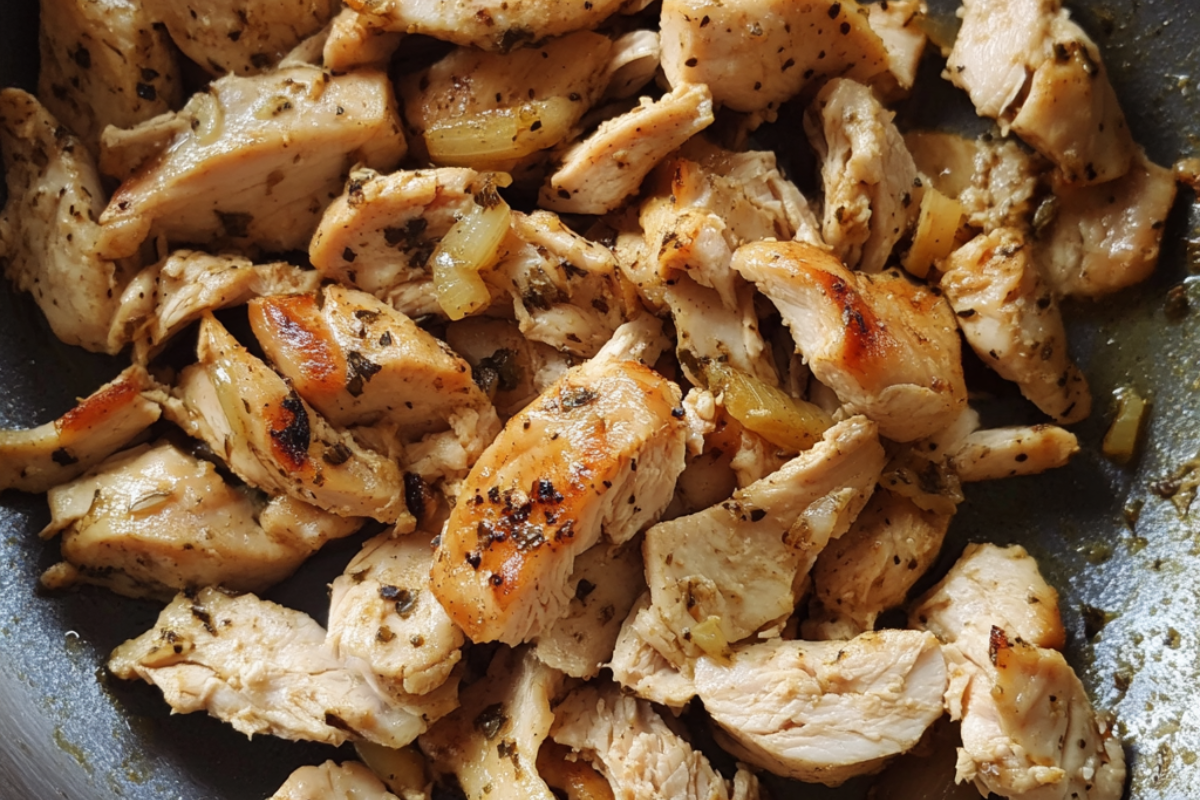 Hands shredding leftover rotisserie chicken with forks on a wooden cutting board.