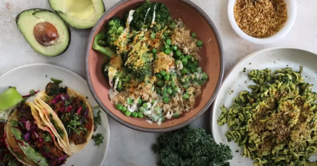 The Complete Guide to Vegan Food 2 A plate of vegan stuffed bell peppers filled with quinoa, black beans, and fresh herbs, showcasing a delicious plant-based dinner option.