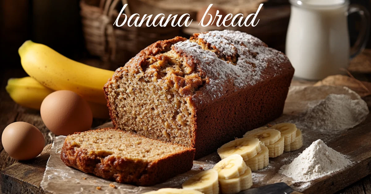 Freshly baked banana bread loaf dusted with powdered sugar, sliced to reveal its moist texture, placed on a wooden board surrounded by bananas, eggs, flour, and a jug of milk.