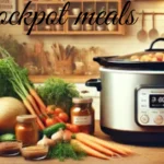 A crockpot filled with a hearty stew, showcasing tender meat and colorful vegetables, representing the simplicity of slow cooking.