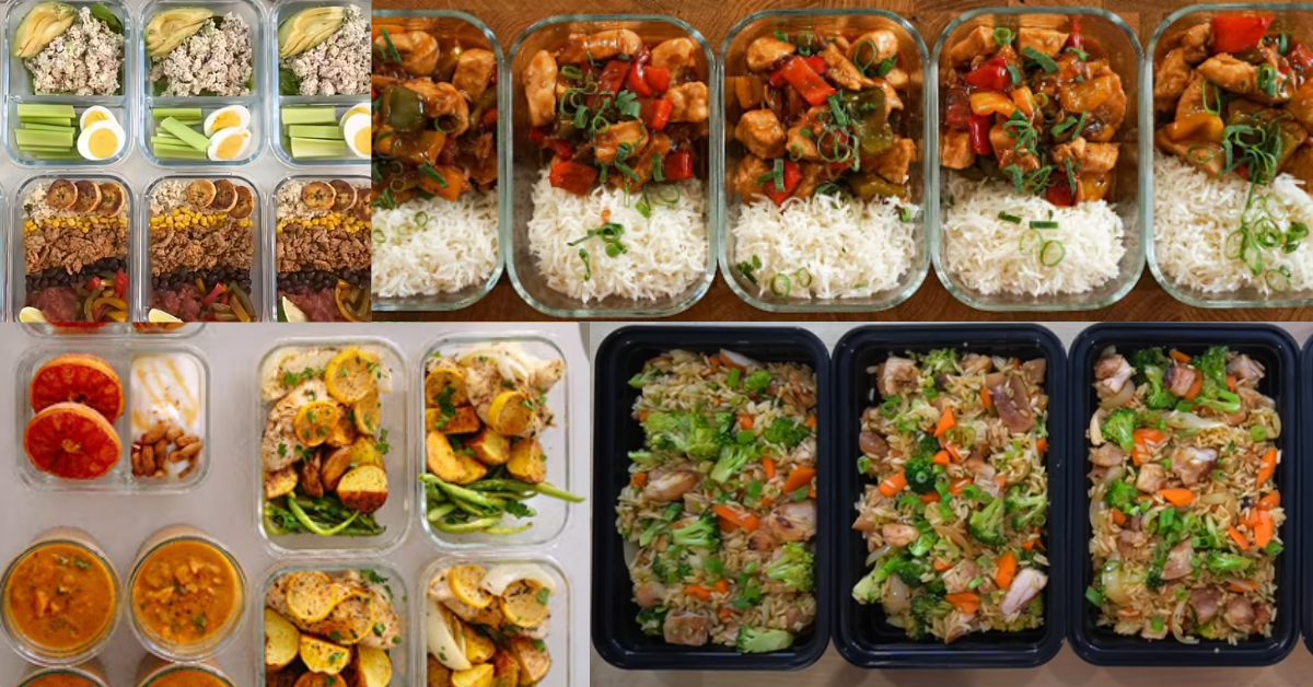 Organized meal prep containers with healthy ingredients like vegetables, grains, and chicken on a kitchen counter.