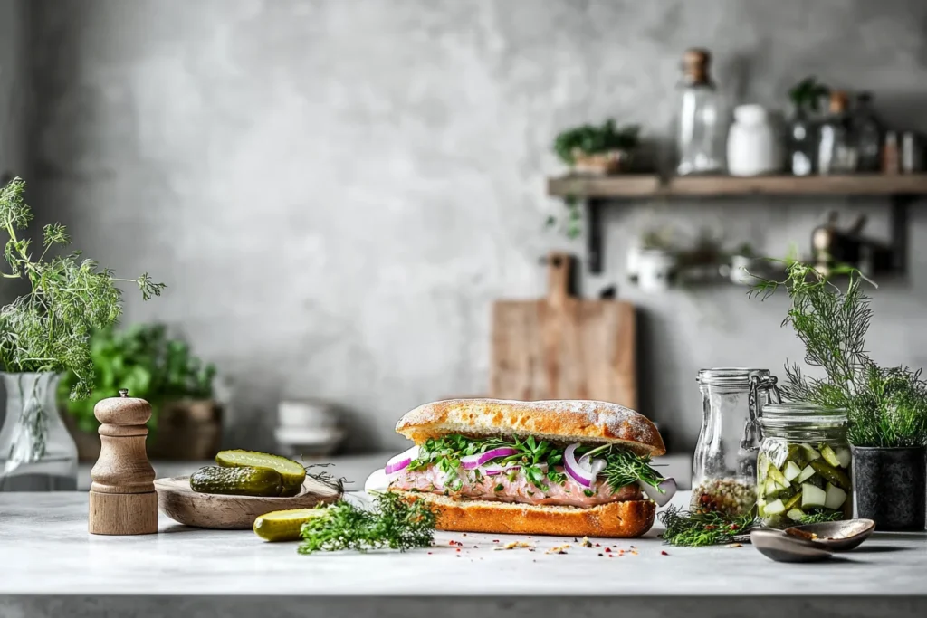 A polished take on the traditional herring roll, balancing the salty Matjes fillets with crisp veggies and tangy extras for a delightful mealtime display