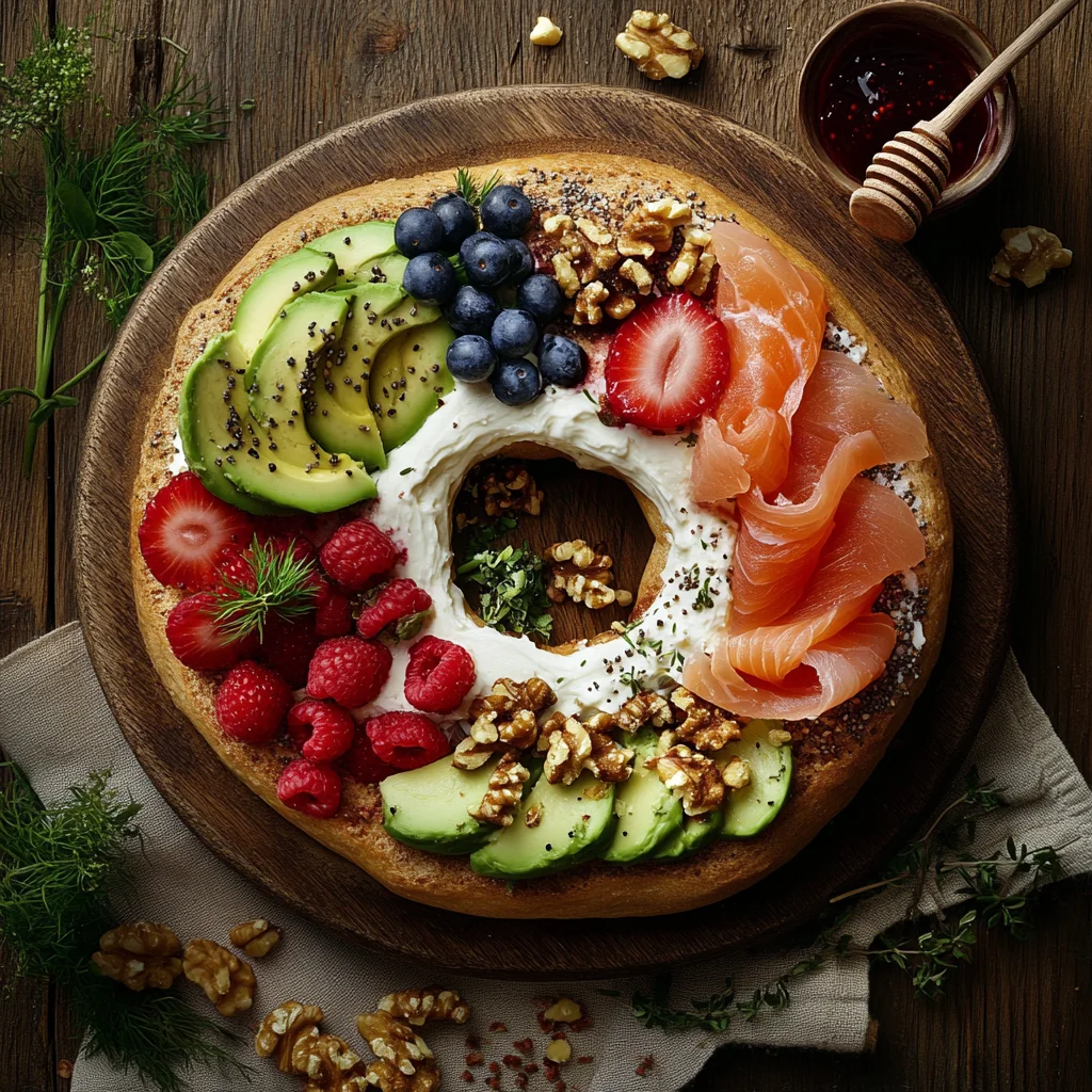 Healthy breakfast with an everything bagel topped with smoked salmon, avocado slices, and parsley, accompanied by fresh vegetables.
