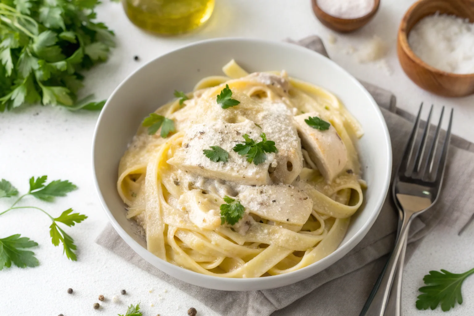 How long is chicken alfredo good for? Enjoy this inviting overhead shot of leftover chicken alfredo.