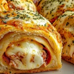 Close-up view of a golden brown original pizza puff with melted cheese oozing out