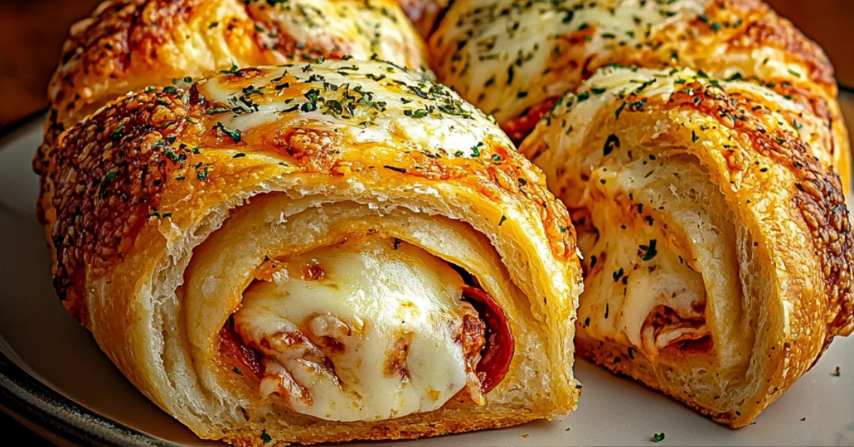 Close-up view of a golden brown original pizza puff with melted cheese oozing out