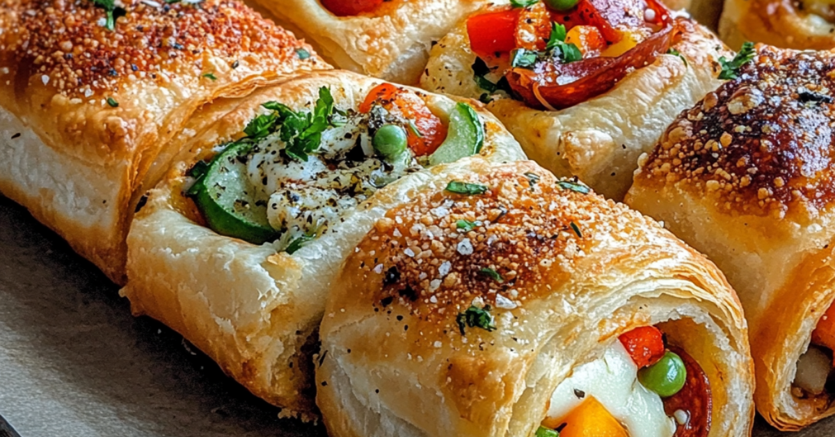 Delicious Pizza Puff showcasing its flaky pastry and colorful fillings, representing the iconic snack that has roots in Chicago.