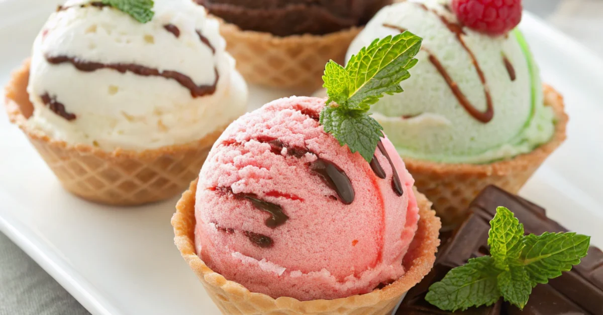 Close-up of various flavors of Chocolate Shoppe Ice Cream