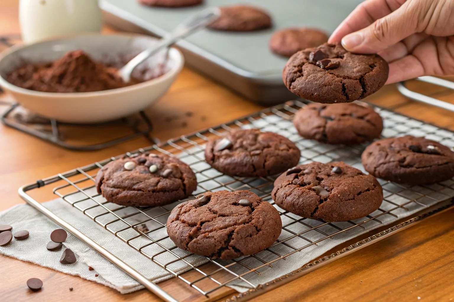 Double chocolate cookies cooling on a wire rack to reach the perfect texture