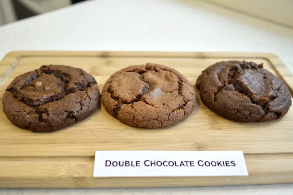 Side-by-side comparison of underbaked, perfectly baked, and overbaked double chocolate cookies	