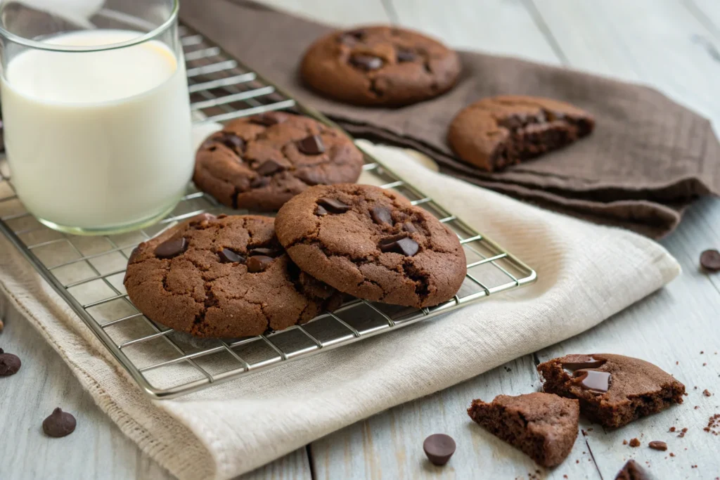 Freshly baked double chocolate cookies with melted chocolate chips cooling on a wire rack	