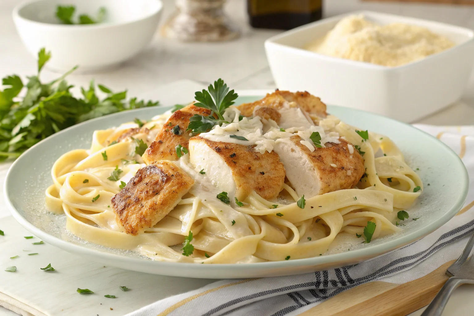 A close-up of creamy homemade chicken Alfredo with seared chicken and fettuccine pasta, garnished with Parmesan and parsley.