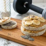 Bodybuilder holding a rice cake with peanut butter and banana in a modern kitchen