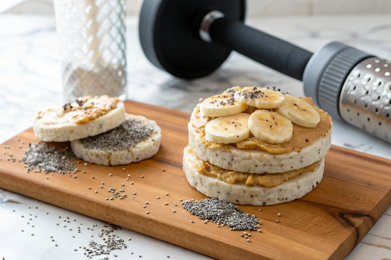 Bodybuilder holding a rice cake with peanut butter and banana in a modern kitchen