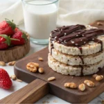 Stack of chocolate rice cakes drizzled with dark chocolate on a wooden board