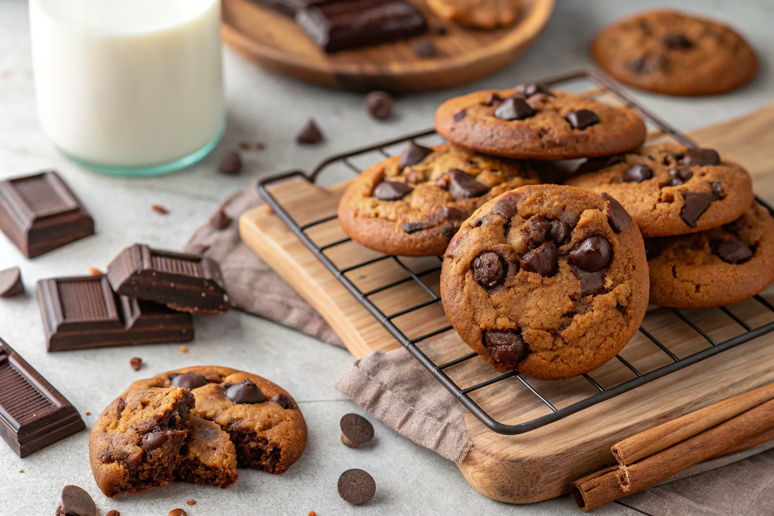 Close-up of warm double chunk chocolate cookies with melted chocolate chunks on a rustic wooden cooling rack