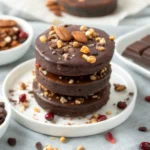 Chocolate rice cakes stacked with dark chocolate and toppings