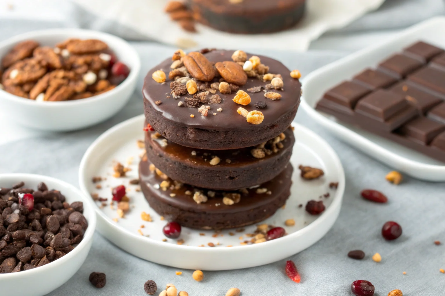 Chocolate rice cakes stacked with dark chocolate and toppings