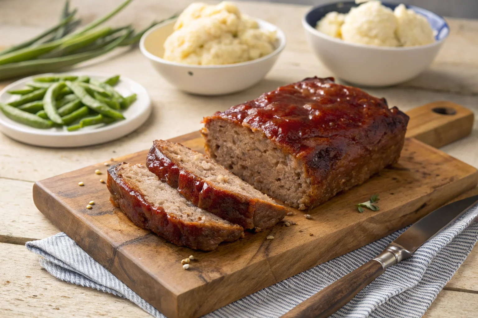 A close-up of a classic meatloaf with a caramelized ketchup glaze, served with mashed potatoes and green beans.