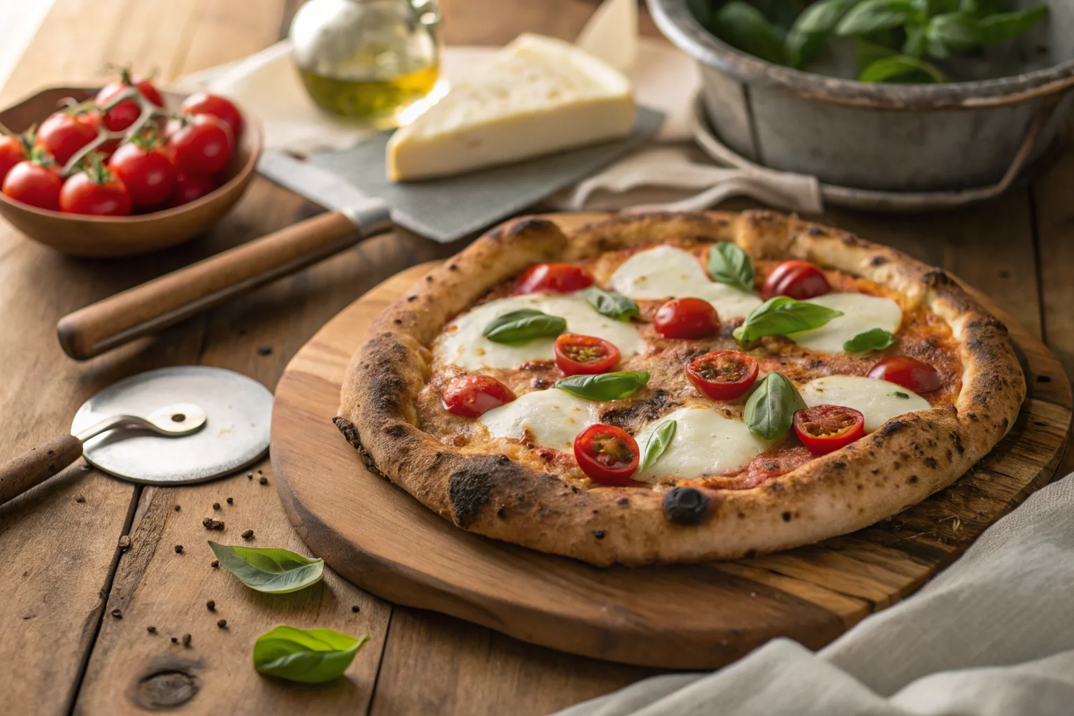 Hand-stretched rustic pizza with crispy crust, mozzarella, basil, and cherry tomatoes on a wooden pizza board