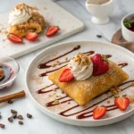 Close-up of crispy Xango dessert topped with whipped cream and strawberries