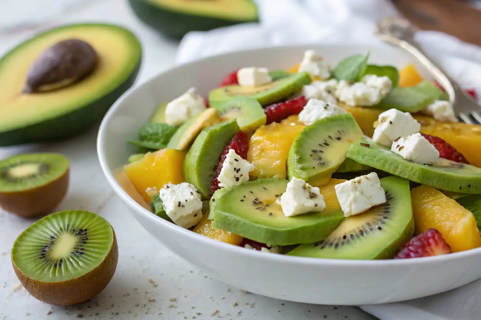 Kiwi Avocado Feta Salad in rustic wooden bowl