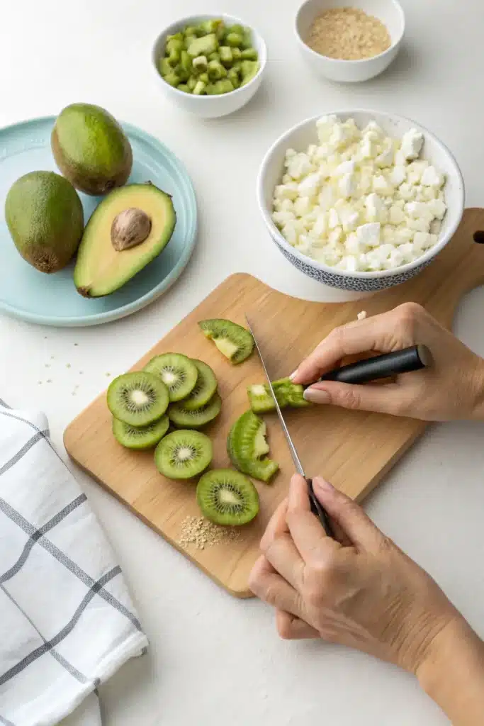 How to Make the Perfect Kiwi Avocado Feta Salad at Home 2 Fresh kiwi and avocado ingredients for salad