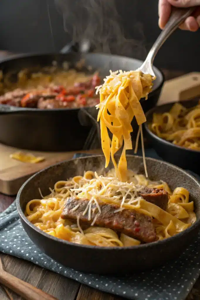 One-Pan Honey Garlic Steak & Cheddar Pasta – The Best 30-Minute Recipe 3 cheddar melting into honey garlic steak pasta