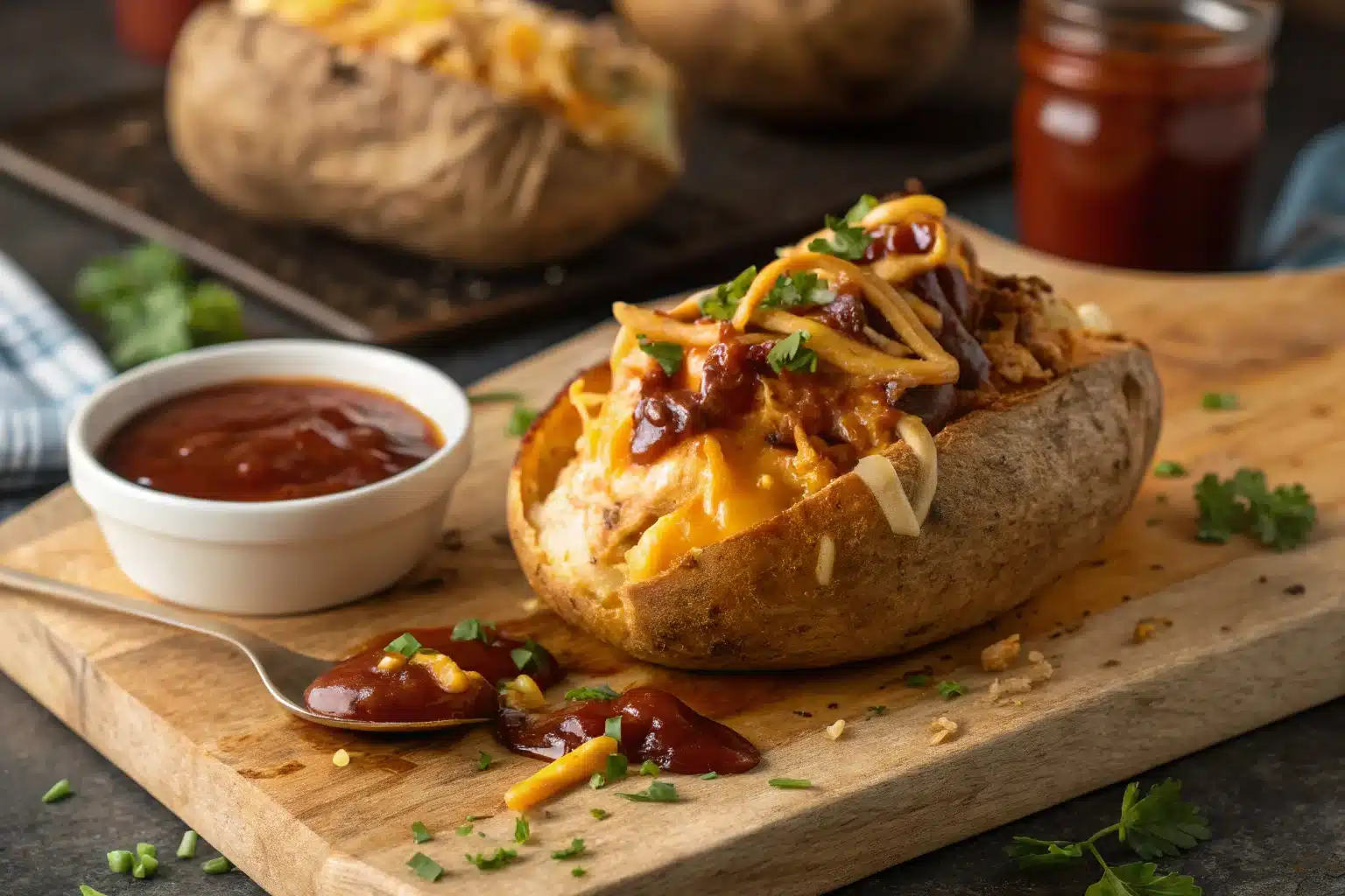 Cheesy BBQ Chicken Stuffed Potatoes fresh from the oven