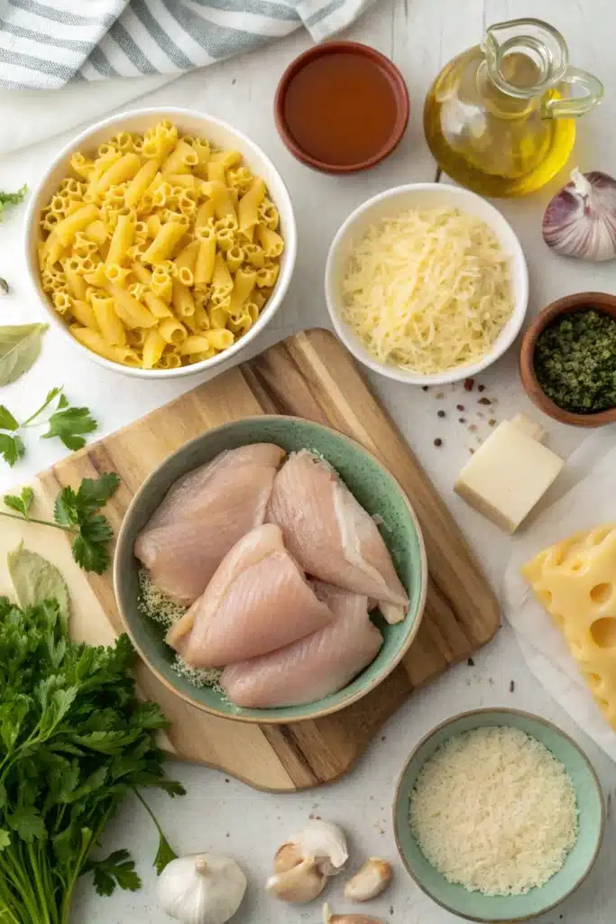 The Ultimate One-Pot Chicken Parmesan Mac & Cheese Recipe Guide 2 Ingredients for One-Pot Chicken Parmesan Mac & Cheese on kitchen counter
