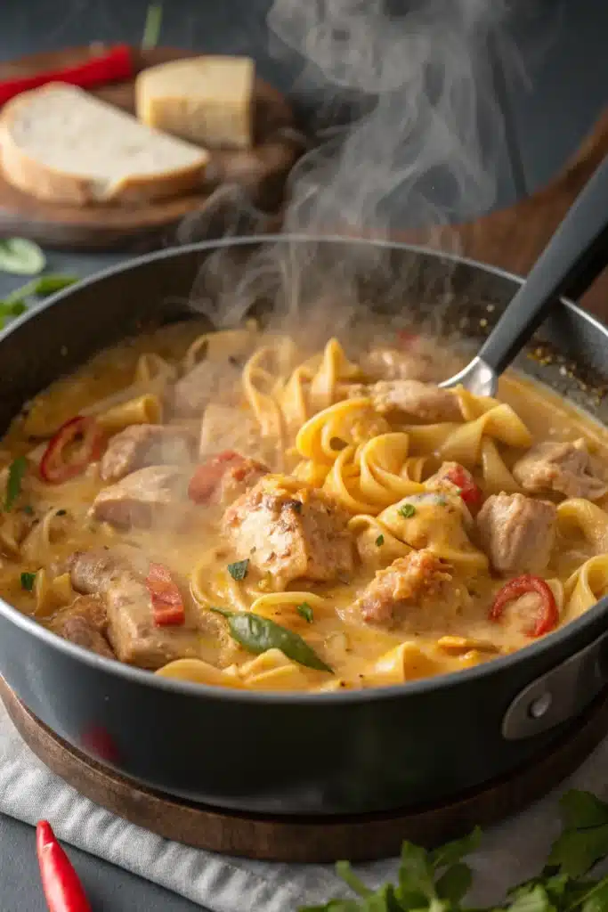 The Ultimate One-Pot Chicken Parmesan Mac & Cheese Recipe Guide 3 Chicken and pasta cooking in a single pot with cheese