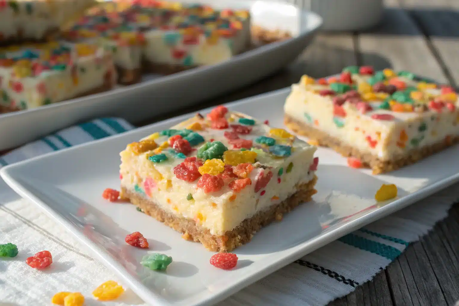 Fruity Pebbles Cookie Cheesecake Bars close-up