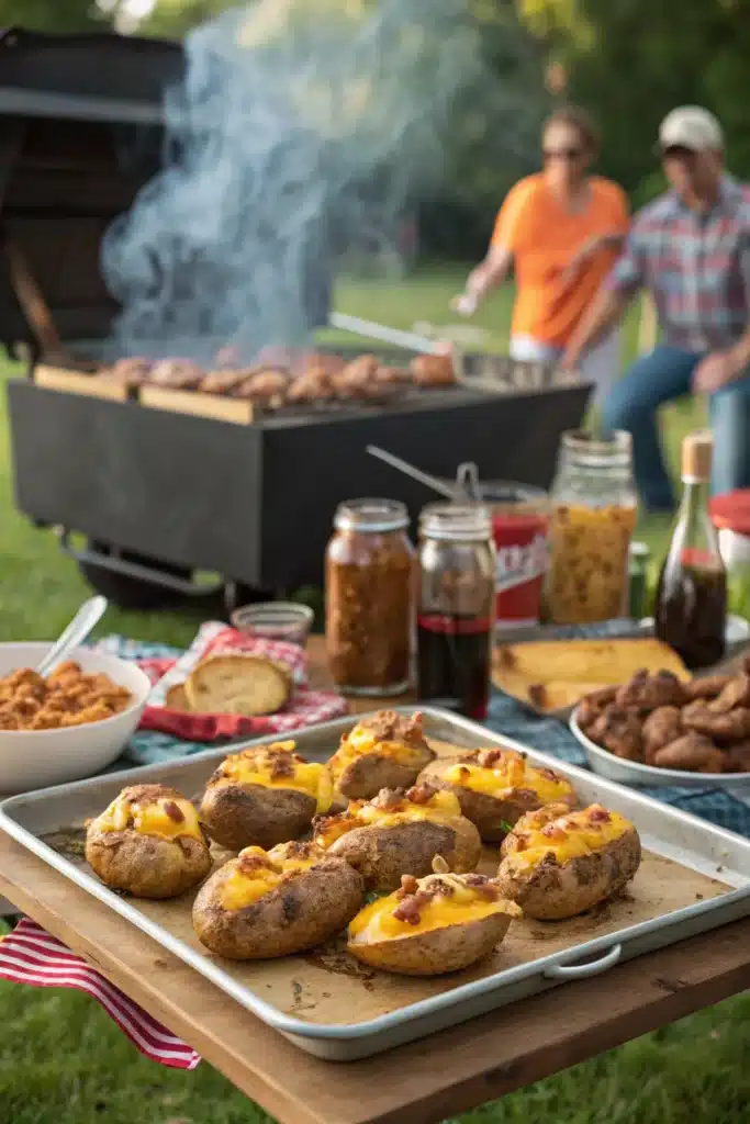 Cheesy BBQ Chicken Stuffed Potatoes: The Best Comfort Meal You'll Ever Make 3 Stuffed potatoes served at outdoor game day party