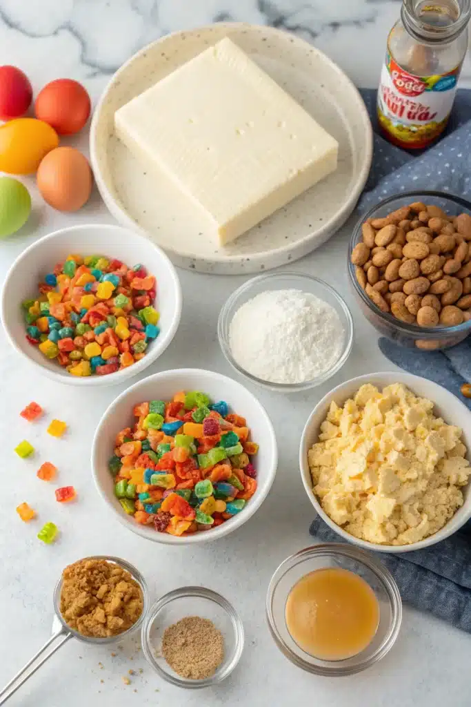 Fruity Pebbles Cookie Cheesecake Bars: A Fun, Colorful Dessert You’ll Love 2 ingredients of Fruity Pebbles cheesecake bars before baking