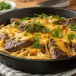 one-pan honey garlic steak & cheddar pasta hot and ready to serve