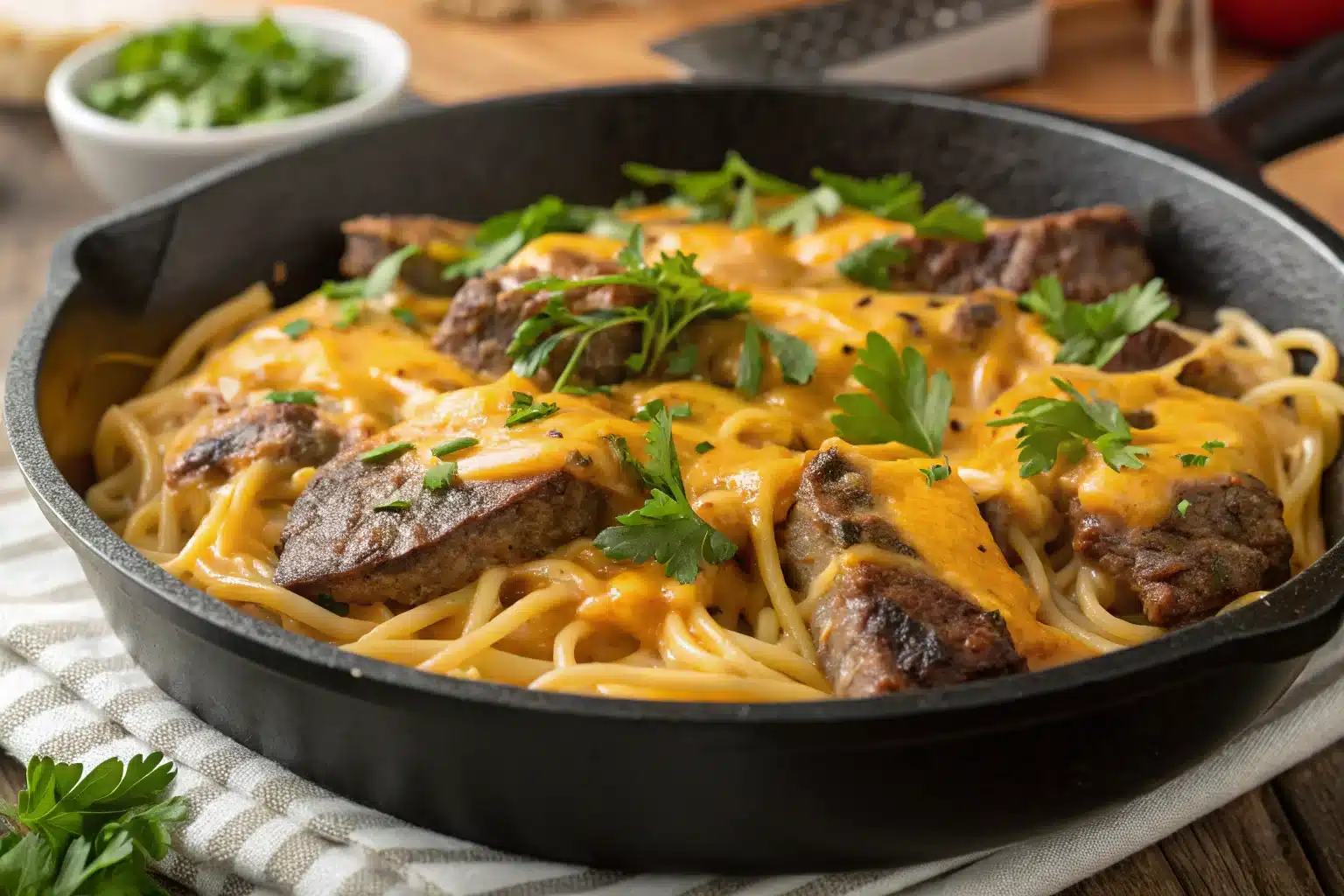 one-pan honey garlic steak & cheddar pasta hot and ready to serve