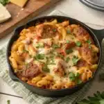 One-Pot Chicken Parmesan Mac & Cheese bubbling in skillet